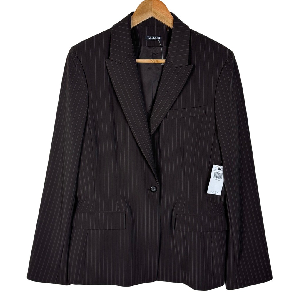 NWT Tahari Pinstripe Blazer Jacket Women 14 Brown One Button Career Professional